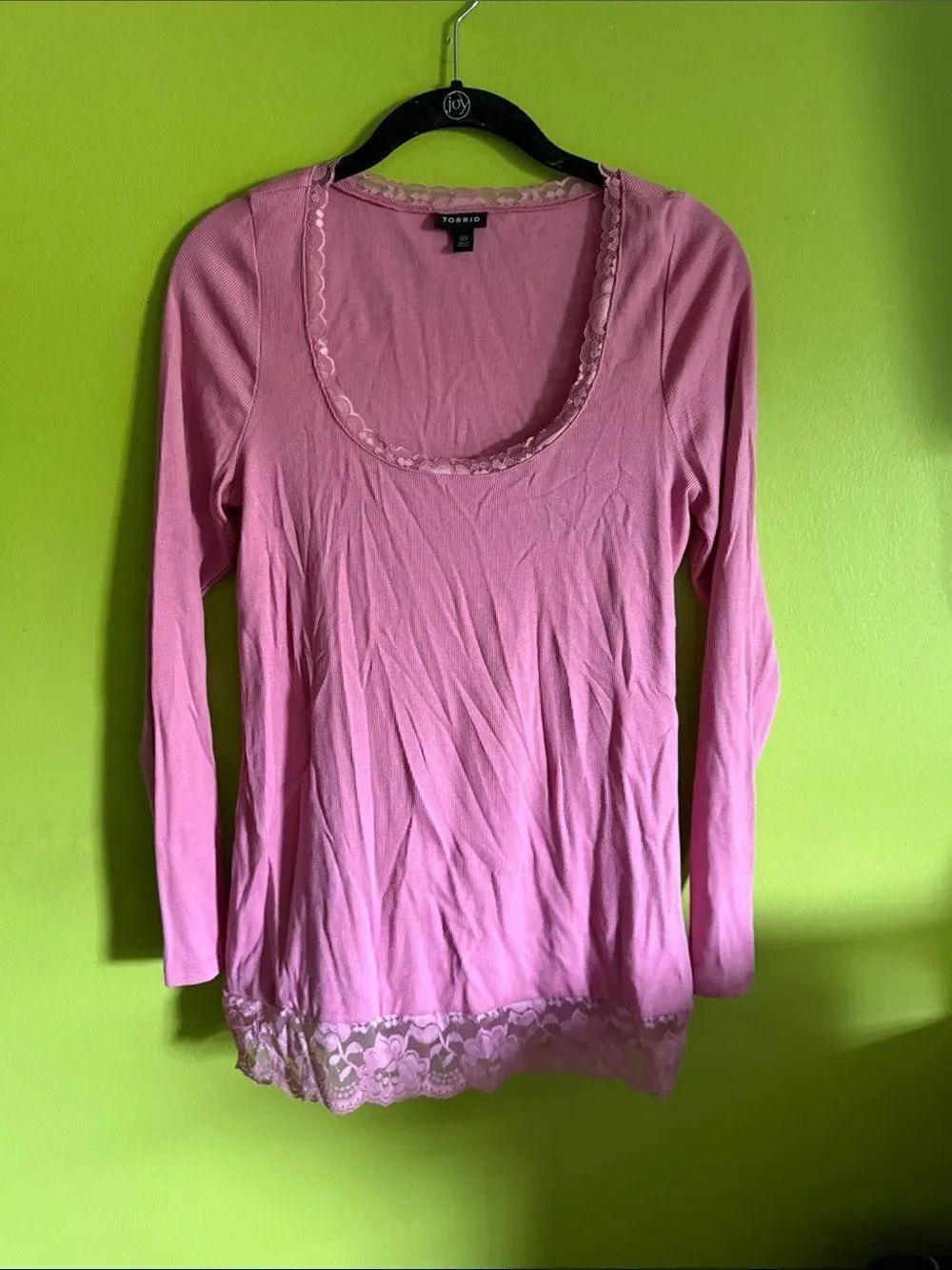 Torrid Pink Ribbed Scoop Neck Lace Long Sleeve Stretch Top Shirt Size 00/M 10